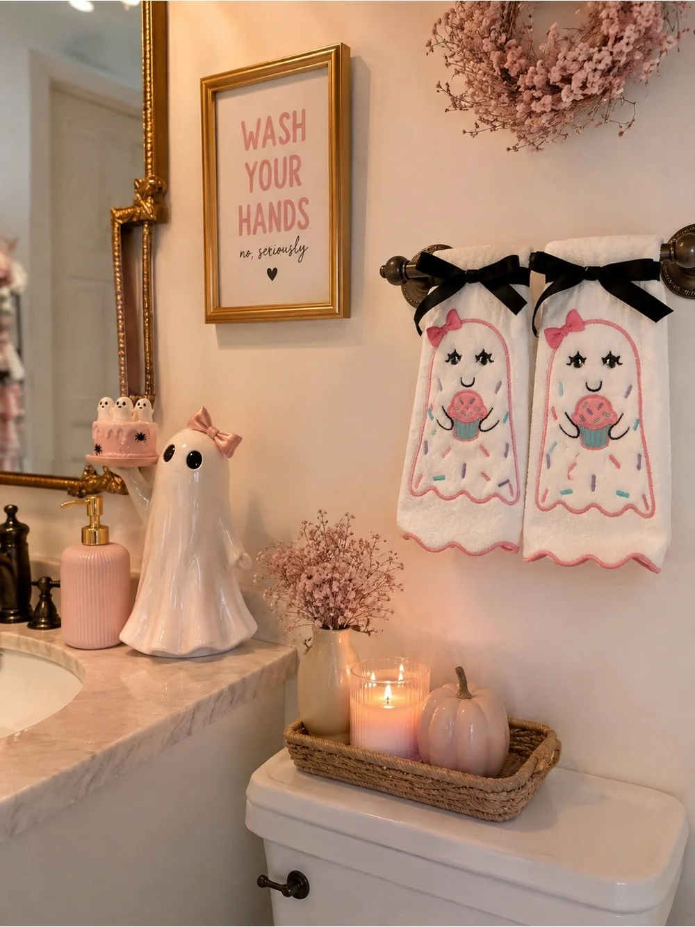 Kassafina Pastel Ghost Cupcake Hand Towels Set 2 Halloween Pink Scalloped